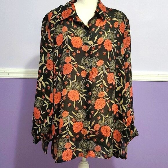 Studio C Vintage Black & Orange Floral Long Sleeve Button Down Casual Top 18/20 - Picture 1 of 11